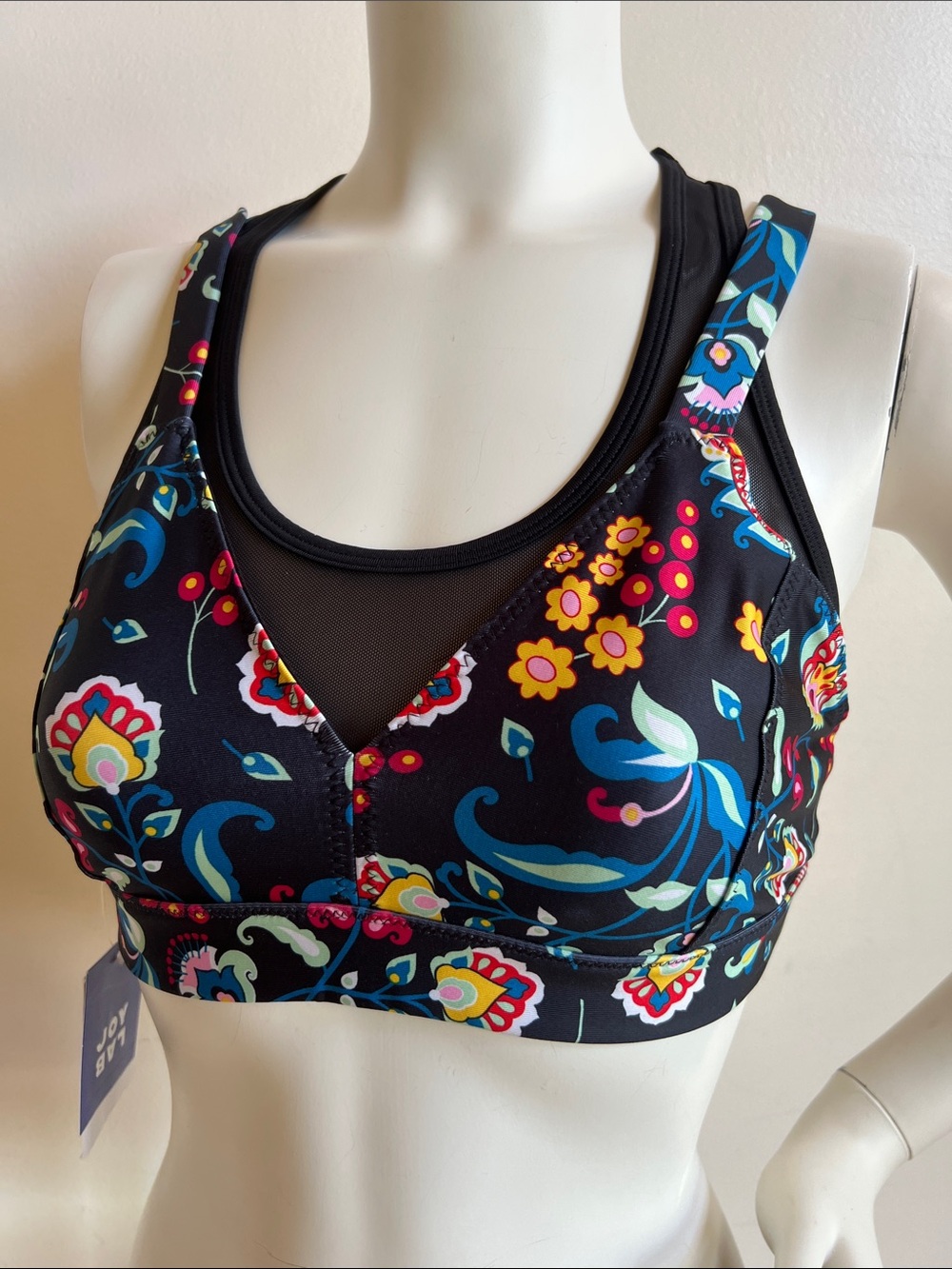 JoyLab Black Floral Multicolor V‑Neck Sports Bra
